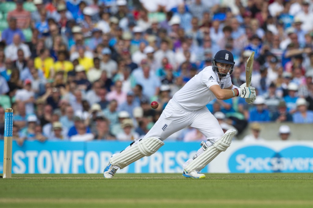 16 August 2014_cricket_England v India_5th test_Oval_Day two_Joe Root cuts a ball from Varun Aaron.